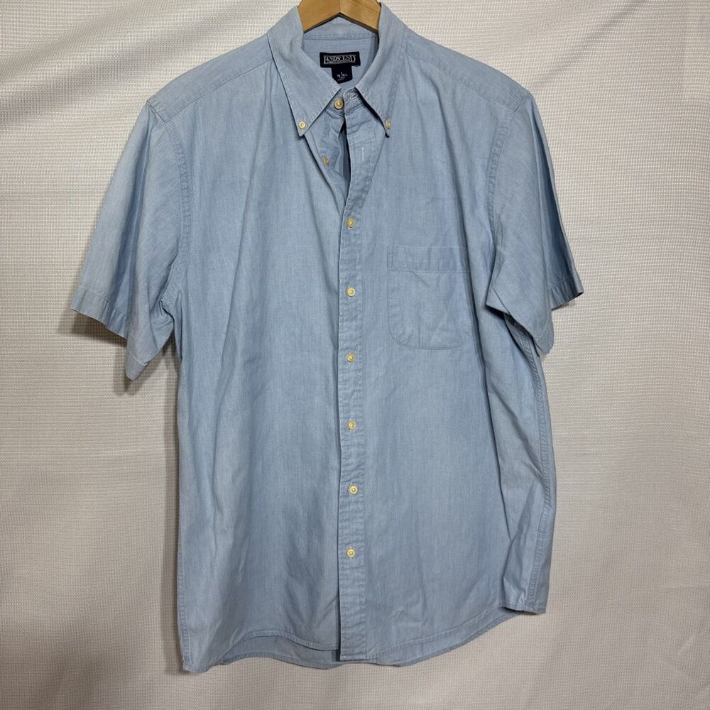 Lands' End Men's L Tall (16-16.5) Blue Cotton Denim Short Sleeve Button-Up Shirt